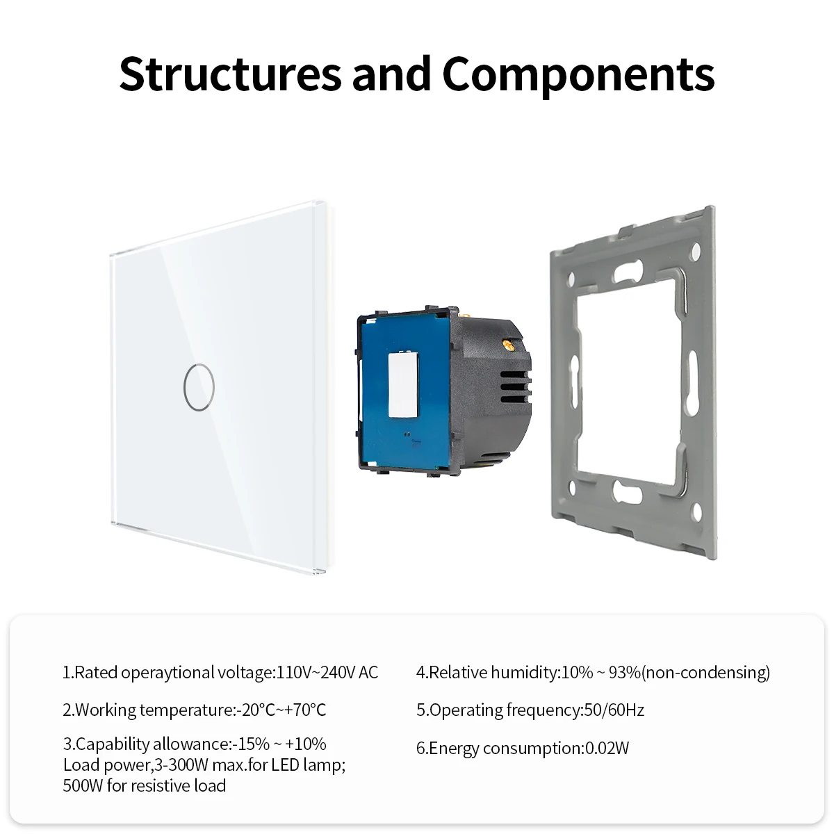 Bingoelec Touch Wall Switch Light Switches White Tempered Crystal Glass Panel 1/2/3/4gang Button AC100-240V Touch Interruptor