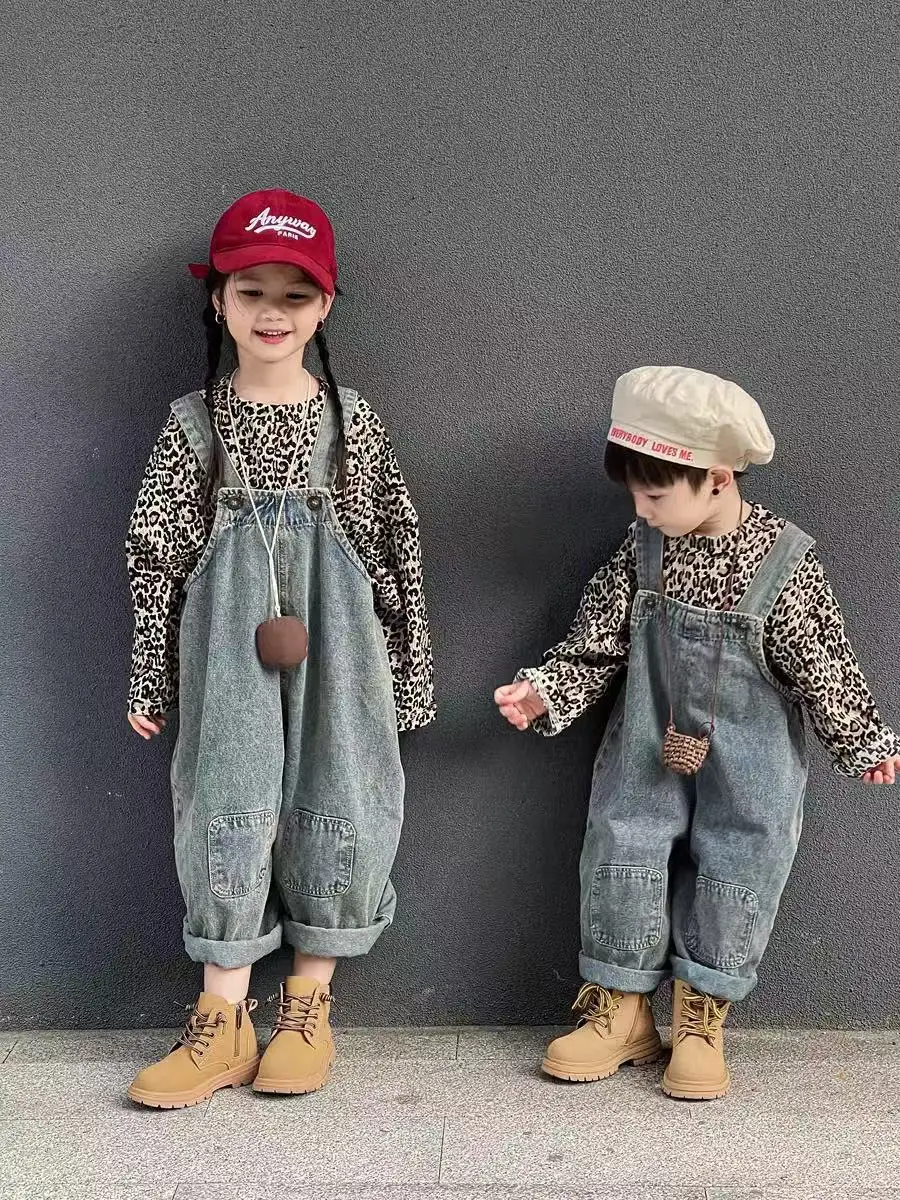 

2026 Spring Children Clothes Loose Denim Overalls & Leopard Print Top Set Boys Girls Vintage Clothing