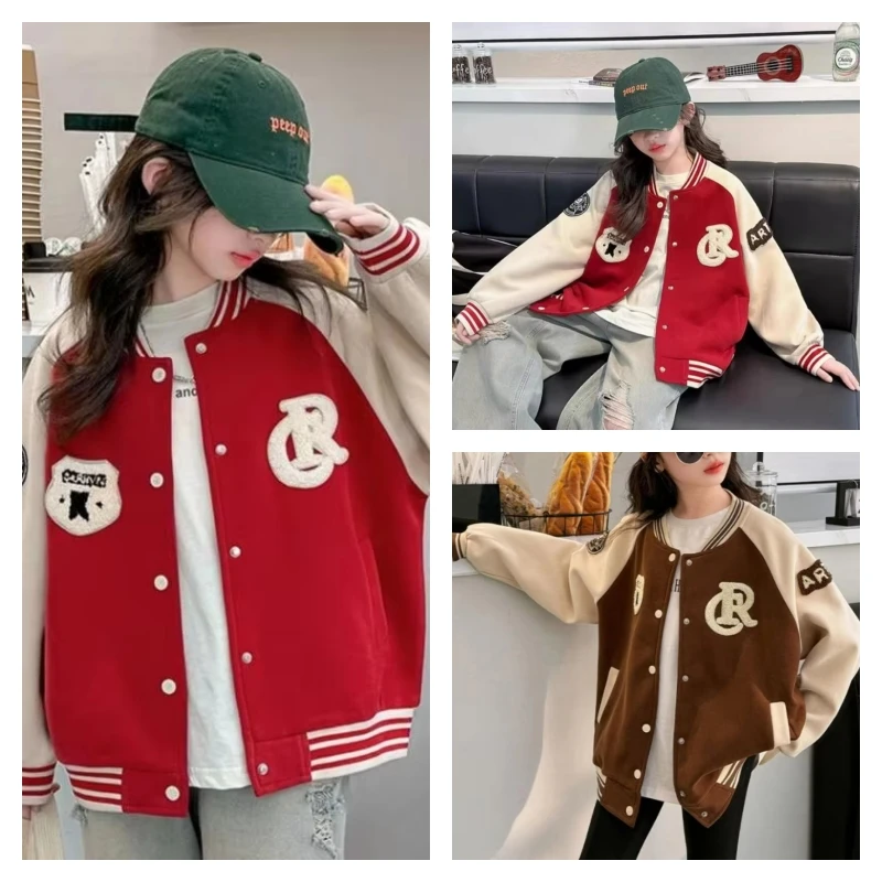 

Горячая кавайная модная бейсбольная майка для девочек, утепленная студенческая весенне-осенняя повседневная куртка с длинными рукавами, пальто, топы, детская одежда