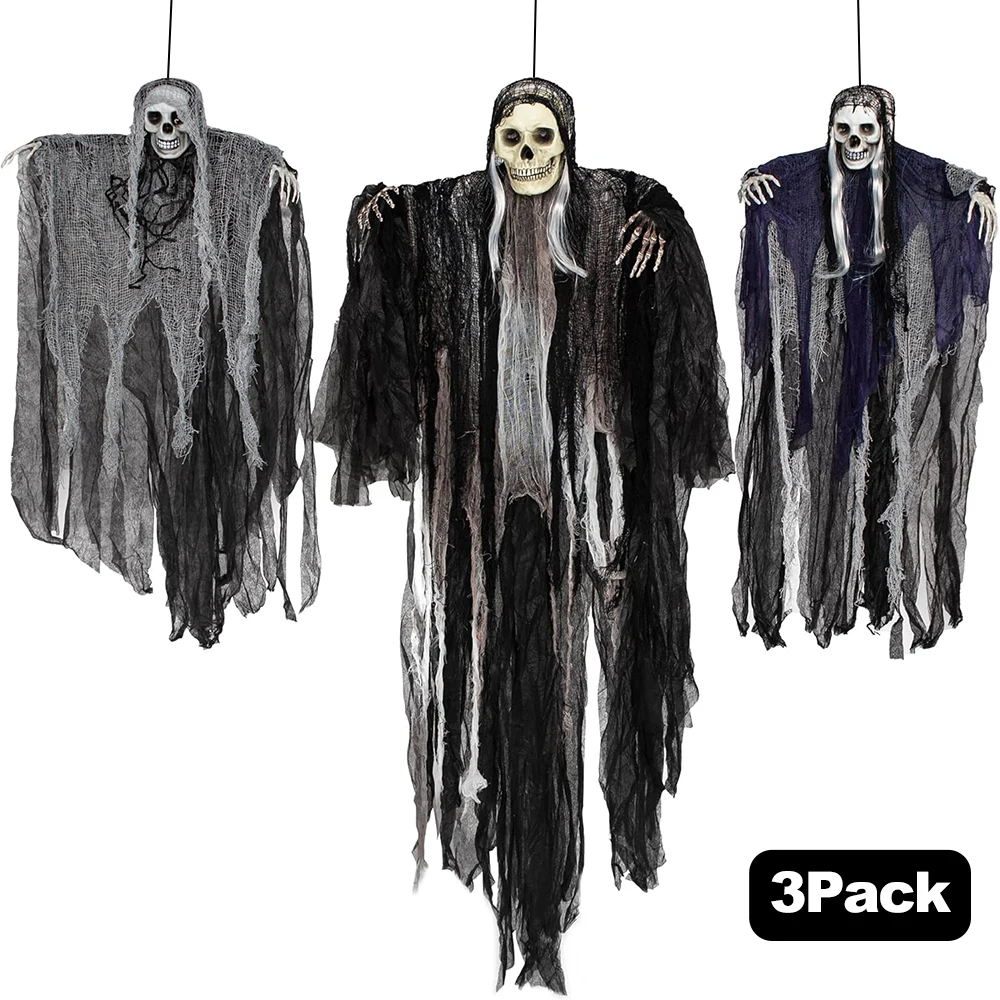 3 Pack Hanging Halloween Skeleton Ghosts Decorations, Grim Reapers for Best Halloween Outdoor Decorations