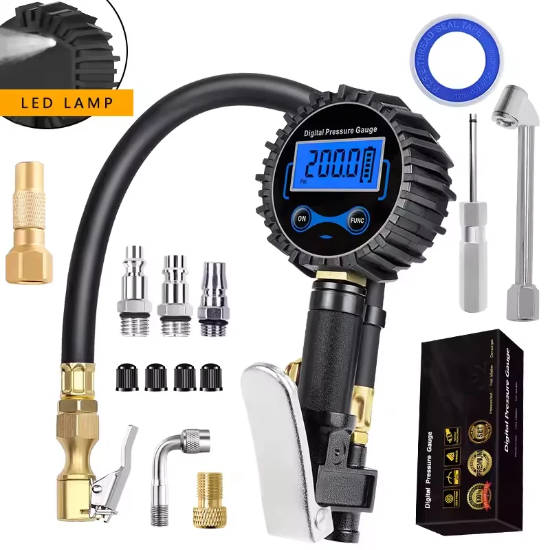 Digital Tire Pressure Inflator Gauge LCD Display Car Tire Air Pressure Gauge Aluminum Alloy Clip-on Tyre Pump for Motorcycle Car