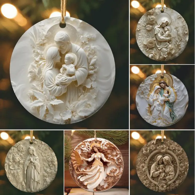Dekorasi Natal Katolik cetak 3D bulat liontin adegan kelahiran akrilik hiasan Natal 4in ornamen natal