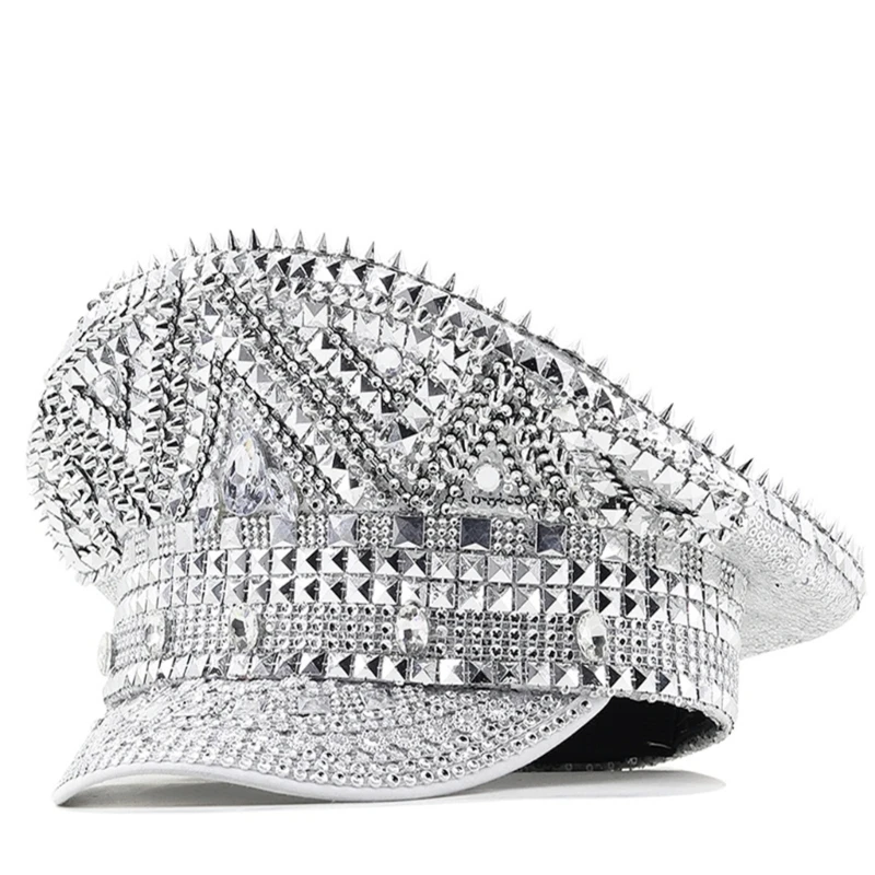 Rivets Captain Hat Shimmering Crystal Hat for Disco House Cocktail Parties Dropship