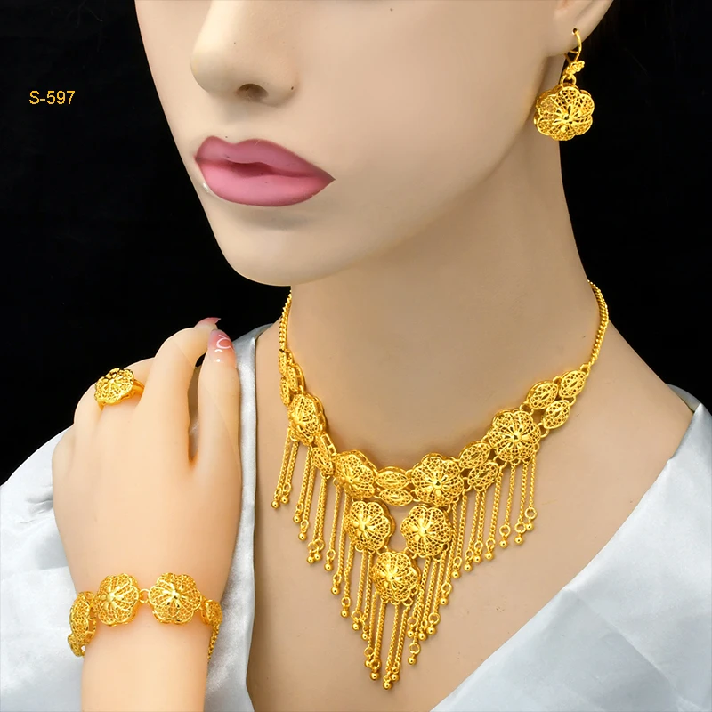 

ANIID Ethiopian Tassel 24k Gold Color Jewelry Sets For Women Arabic Wedding Indian Bridal Dubai Necklace And Earring Set Gifts