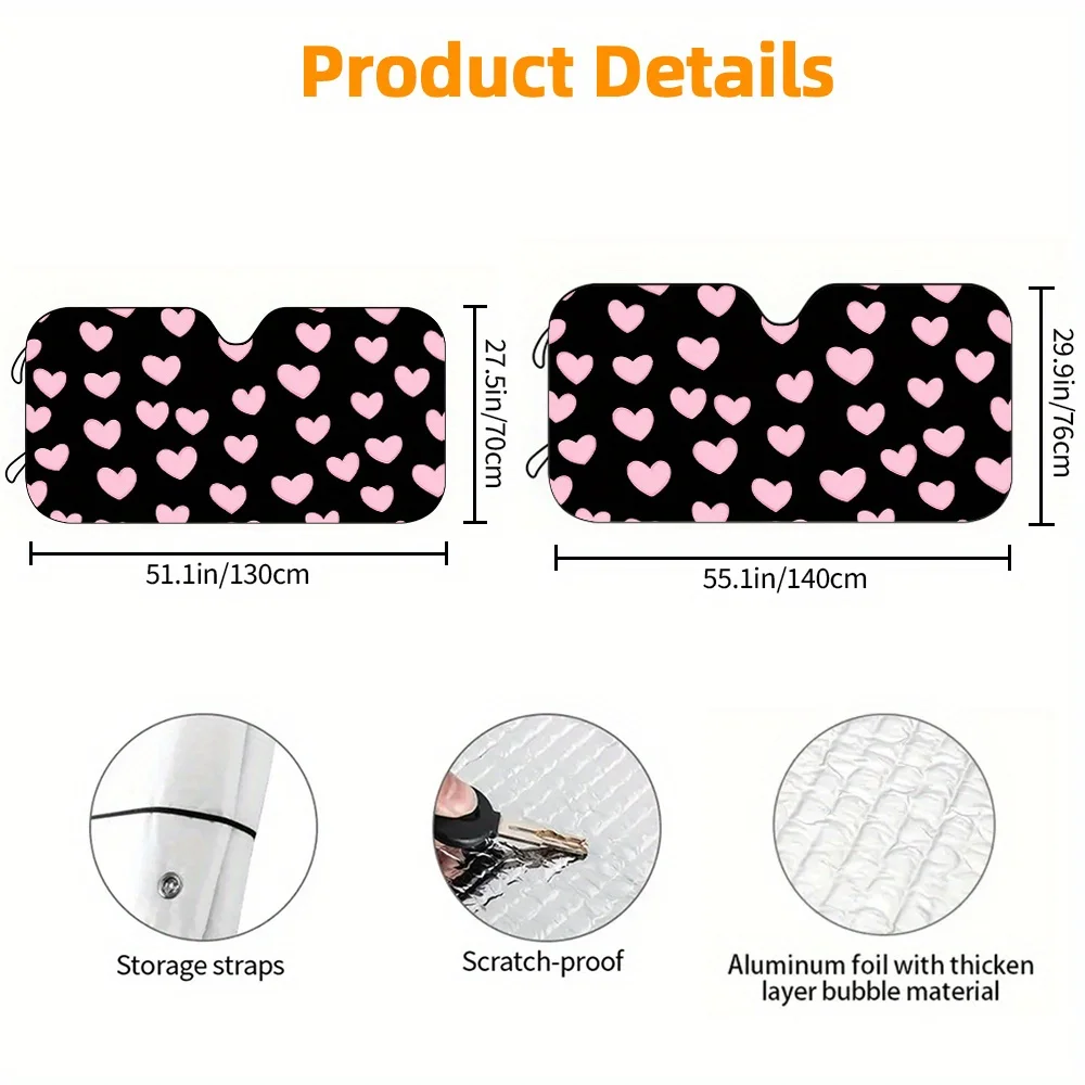 A Car Sunshade Featuring A Black And Pink Heart Pattern, High-Definition Printed, Easy To Install, Suitable For SUV And Sedan De