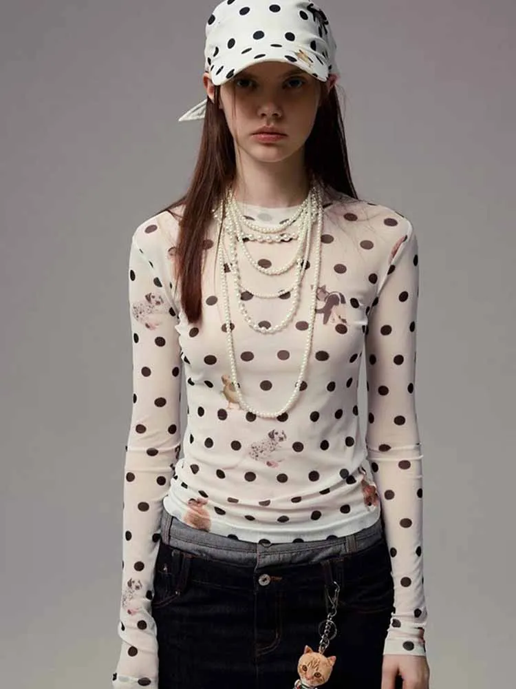 

BKQU Сексуальная сетчатая футболка с принтом животных в горошек Женская осенняя прозрачная облегающая рубашка с длинным рукавом и круглым вырезом Y2K Пуловер Шикарная уличная рубашка