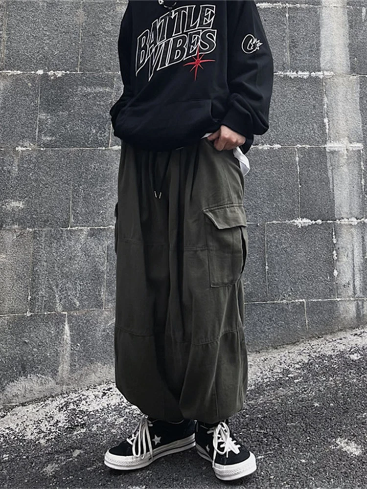 2023 New Streetwear Popular Hip-hop Retro Casual Men's Loose Straight Tube Draped  Wide Leg Pocket Pure Color Cargo Pants