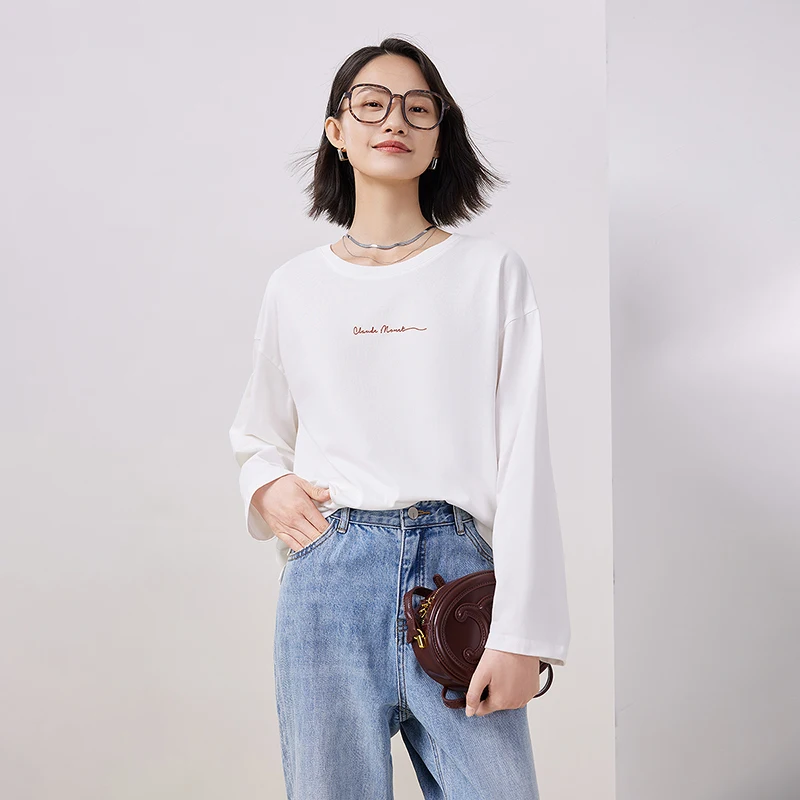 Toyouth Women Tees 2023 Autumn Long Sleeves O Neck Loose T-shirt 100% Cotton Letter Print Casual Simple Basic Four Colors Tops