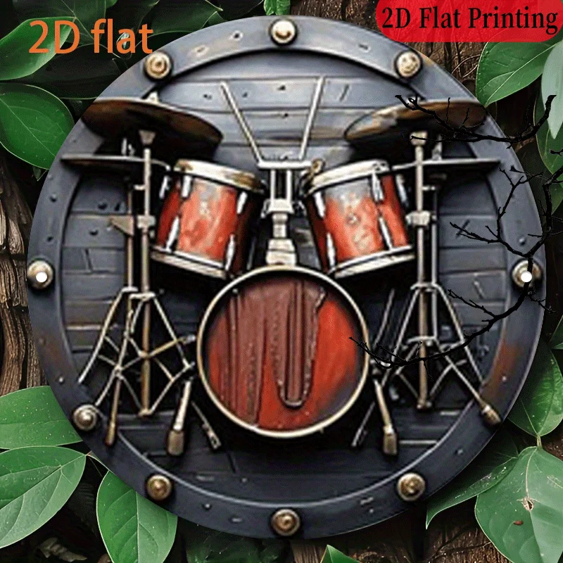 2D مسطح، 1 قطعة، 20.32 × 20.32 سم 2D علامة ألومنيوم مستديرة، أداة فرقة طبلة عتيقة، لوحة معدنية لموسيقى الروك، لوحة قديمة بطابع شريطي