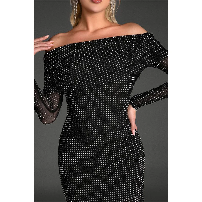 MSMUSI 2024 New Fashion Women Sexy Off The Shoulder Diamond Crystal Sequins Long Sleeve Bodycon Party Club Event Slim Midi Dress