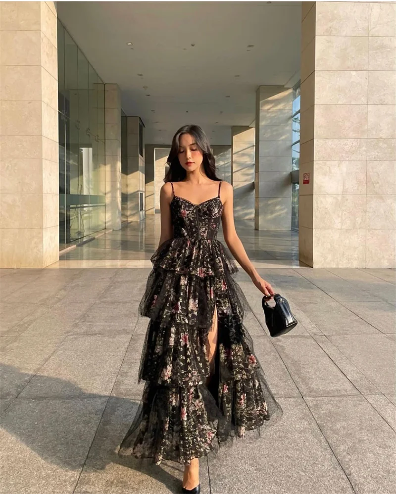 KEYANKETIAN 2024 New Launch Women Floral Print Lace Halter Dress Bohemian Tiered Ruffles Slit Ball Gown Fairy A Line  MIDI Dress