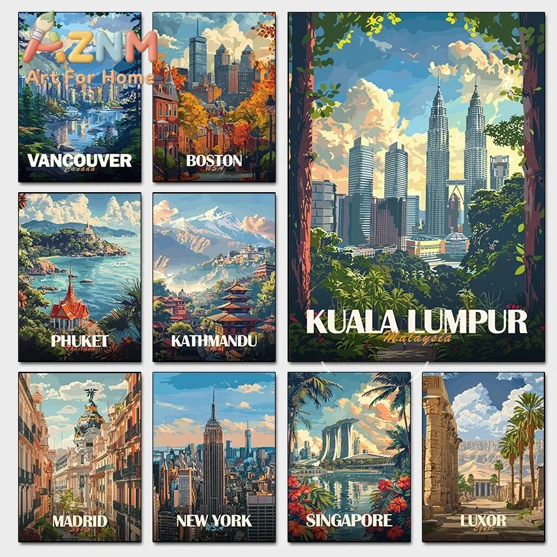 AZNM World Famous City Travel Canvas Wall Art Vintage Travel Poster Kuala Lumpur New York Phuket Landscape Art Print Unframed Ca