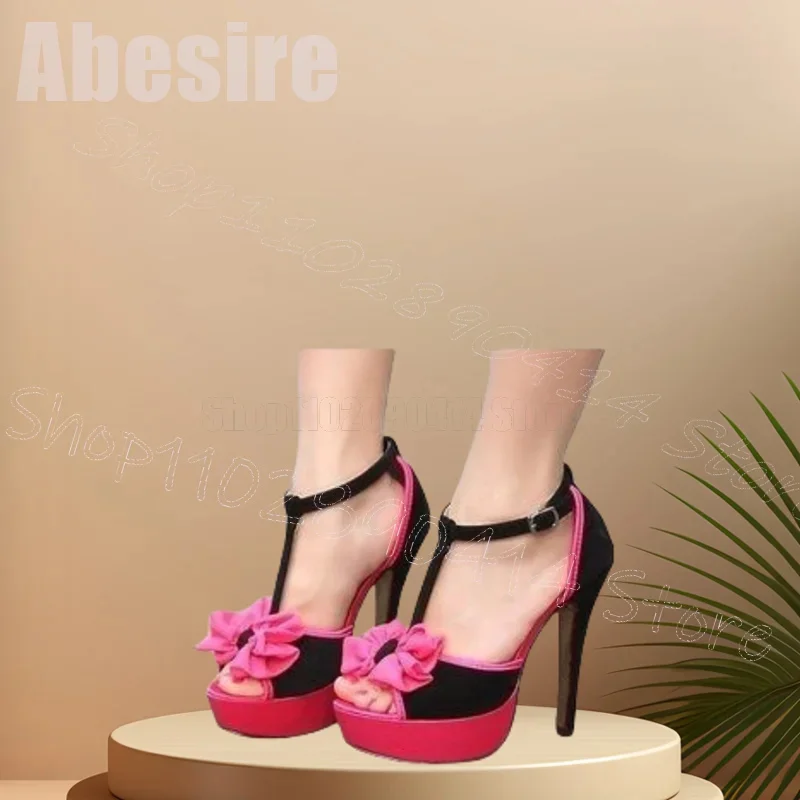 

Rose Red Bow Knot Peep Toe Platform Sandals Buckle Strap Women Shoes Thin High Heels Sexy Party Banquet 2025 Zapatos Para Mujere