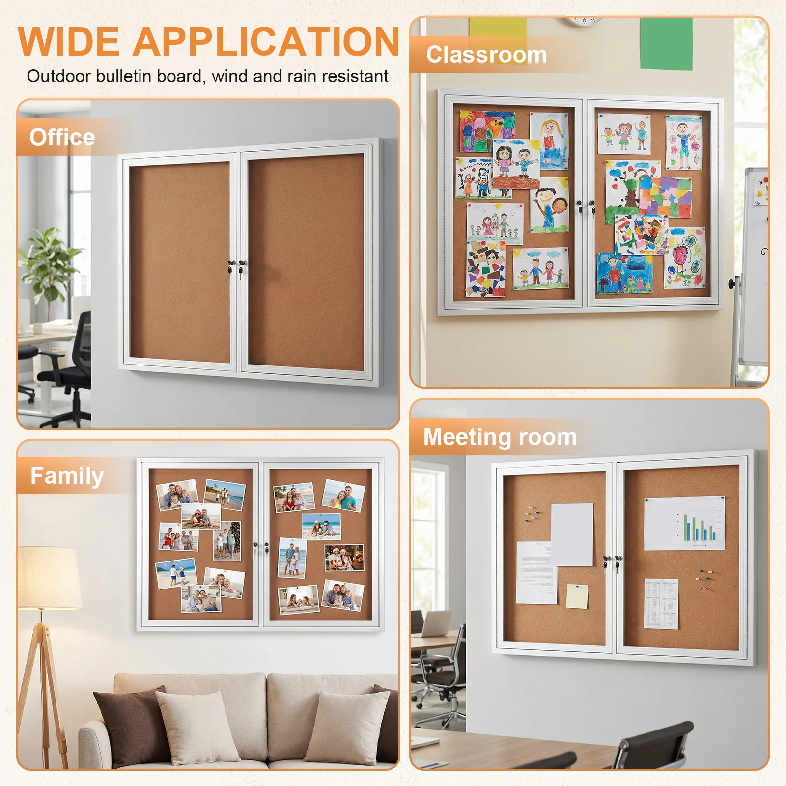 

Tamper-Proof Lockable Noticeboard Aluminum Frame Enclosed Cork Board with Glass Locking Door for Home Office and Community Use