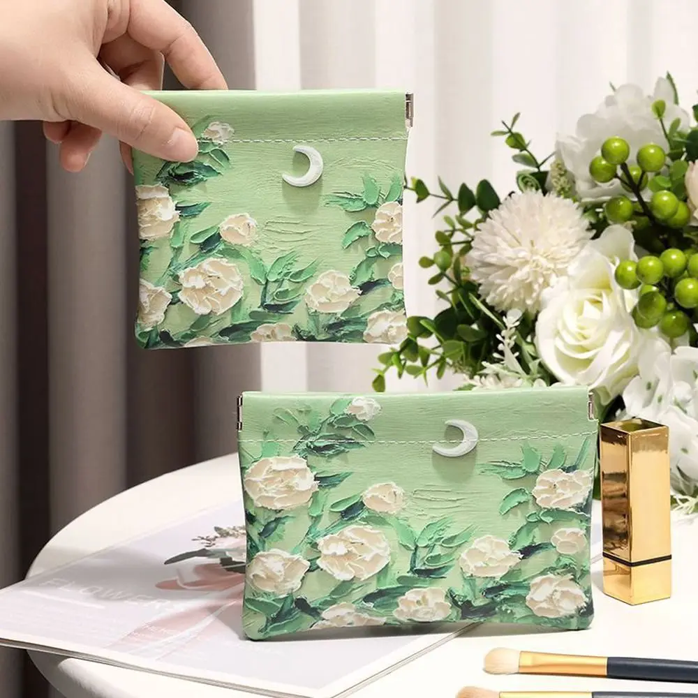 

Portable Flower Self-closing Coin Purse Moon Leather Cosmetic Lipstick Bag Large Capacity Square Mini Makeup Bag Jewelry Packing