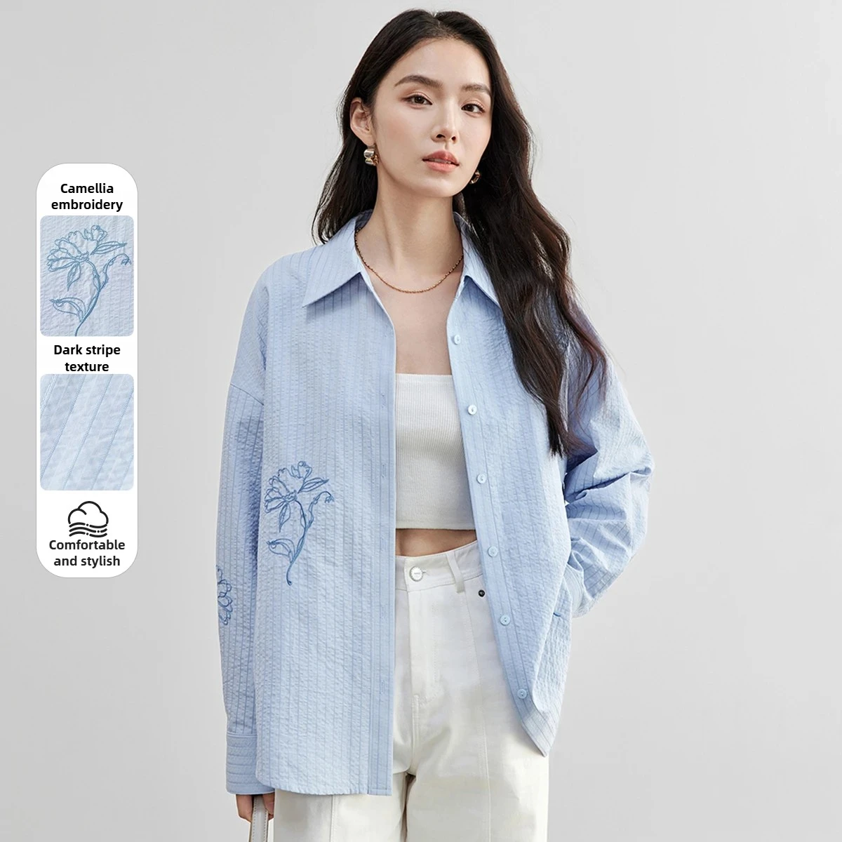 SENTUBILA Commuter Simple Stripe Shirts Women 2025 Autumn Long Sleeve Loose Blouse Flower Embroidery Female Clothing 151C58138