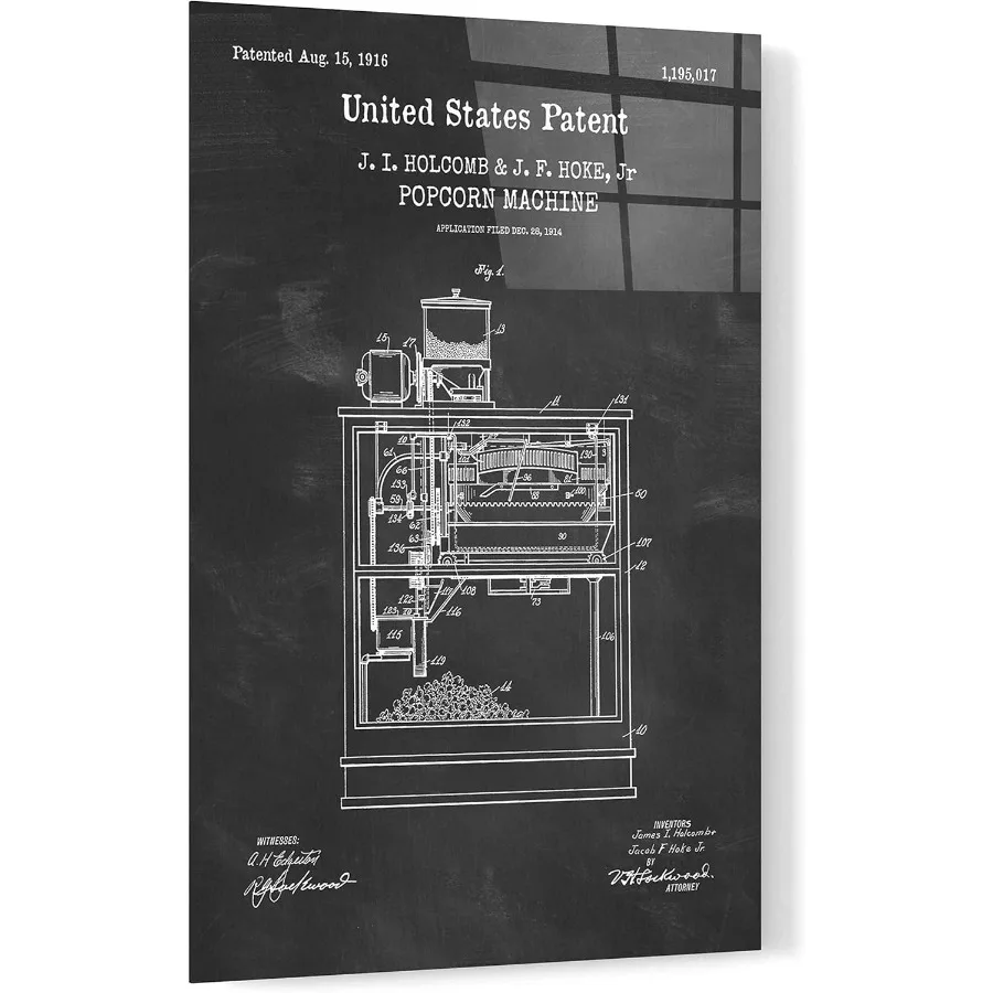 ملحمة الفن "آلة الفشار مخطط براءة اختراع السبورة" زجاج الأكريليك جدار الفن 16x24 أبيض وأسود تصميم الحديثة الرجعية نمط H