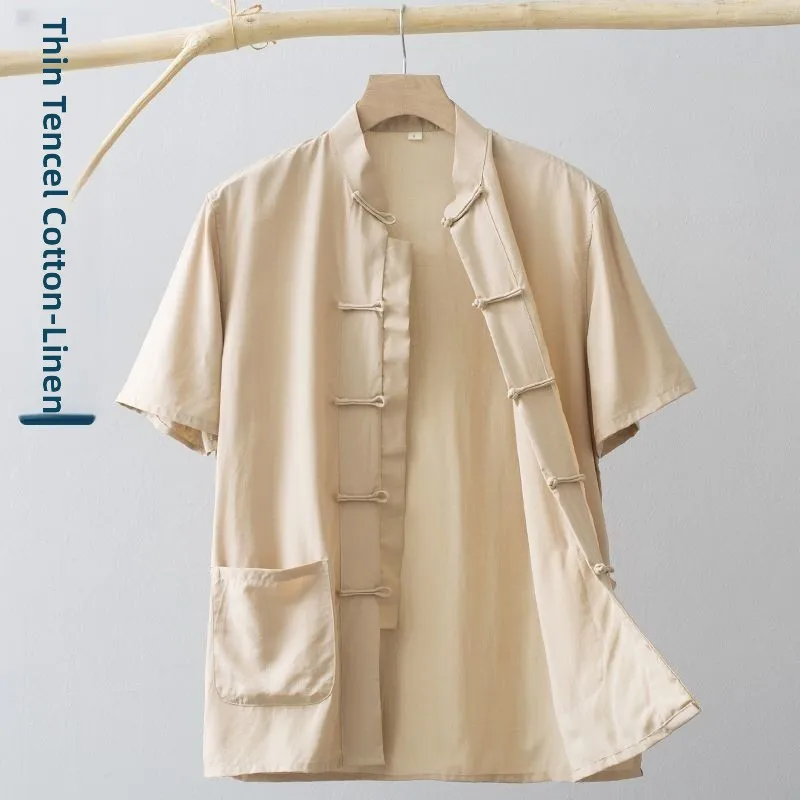 New Chinese Style Buttons Summer Short Sleeve Men's Cotton Linen Light Weight Tang Suit Male Female Middle Age Cotton Linen Top