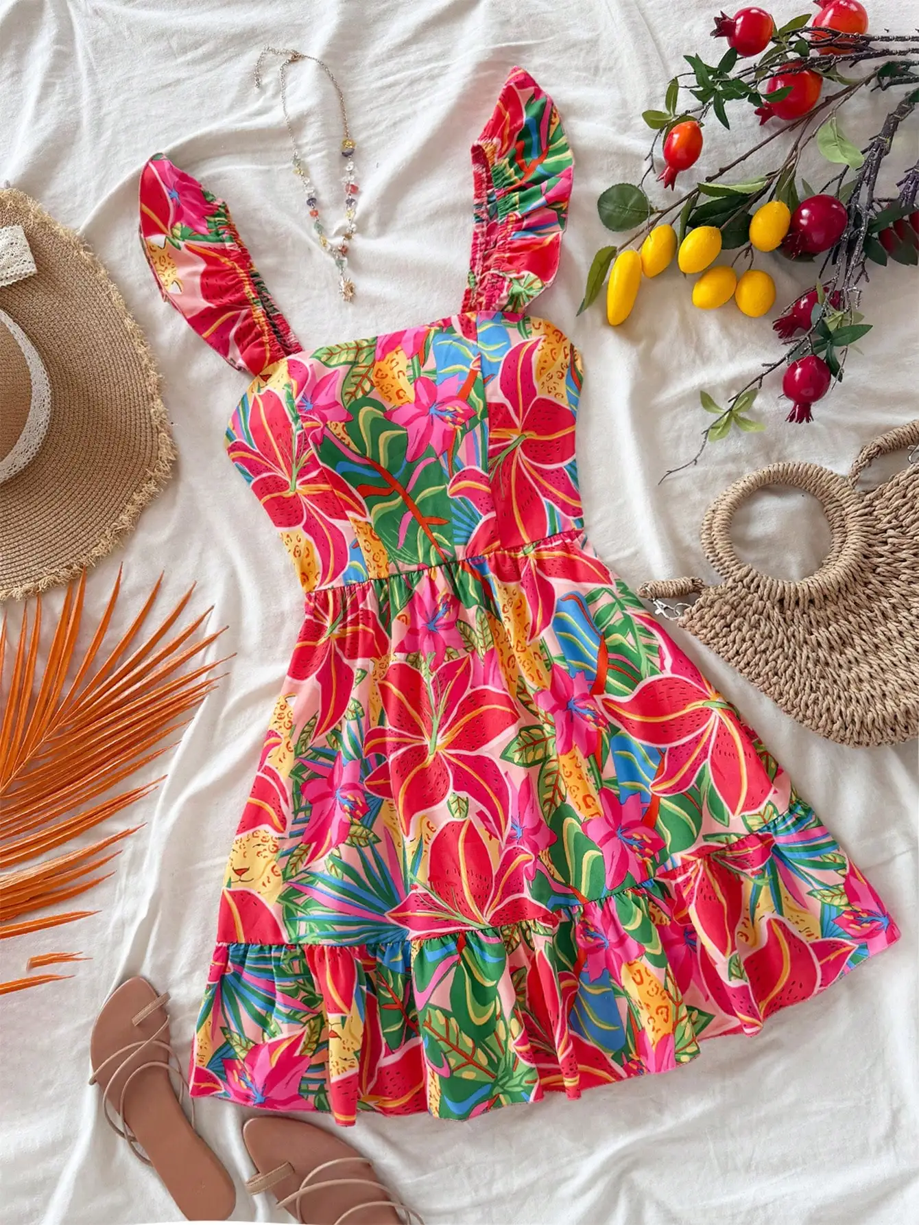 

Женское платье с ярким тропическим цветочным принтом и рюшами на бретелях, свободного кроя, для летнего пляжного отдыха