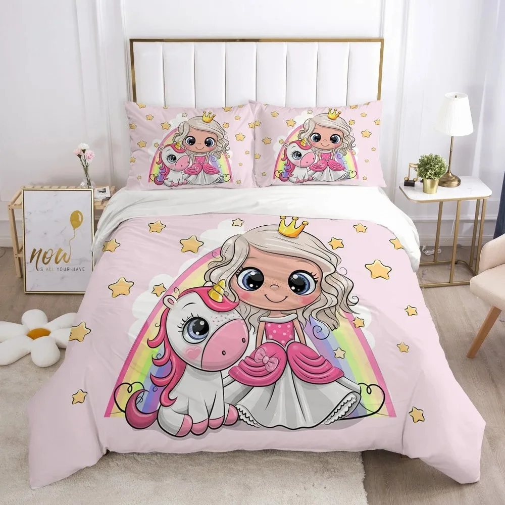 

Children Kids Baby Pink Bedding Set Queen King Cartoon Unicorn White Duvet Cover Twin Full Colorful 2/3pcs Polyester Quilt Cover
