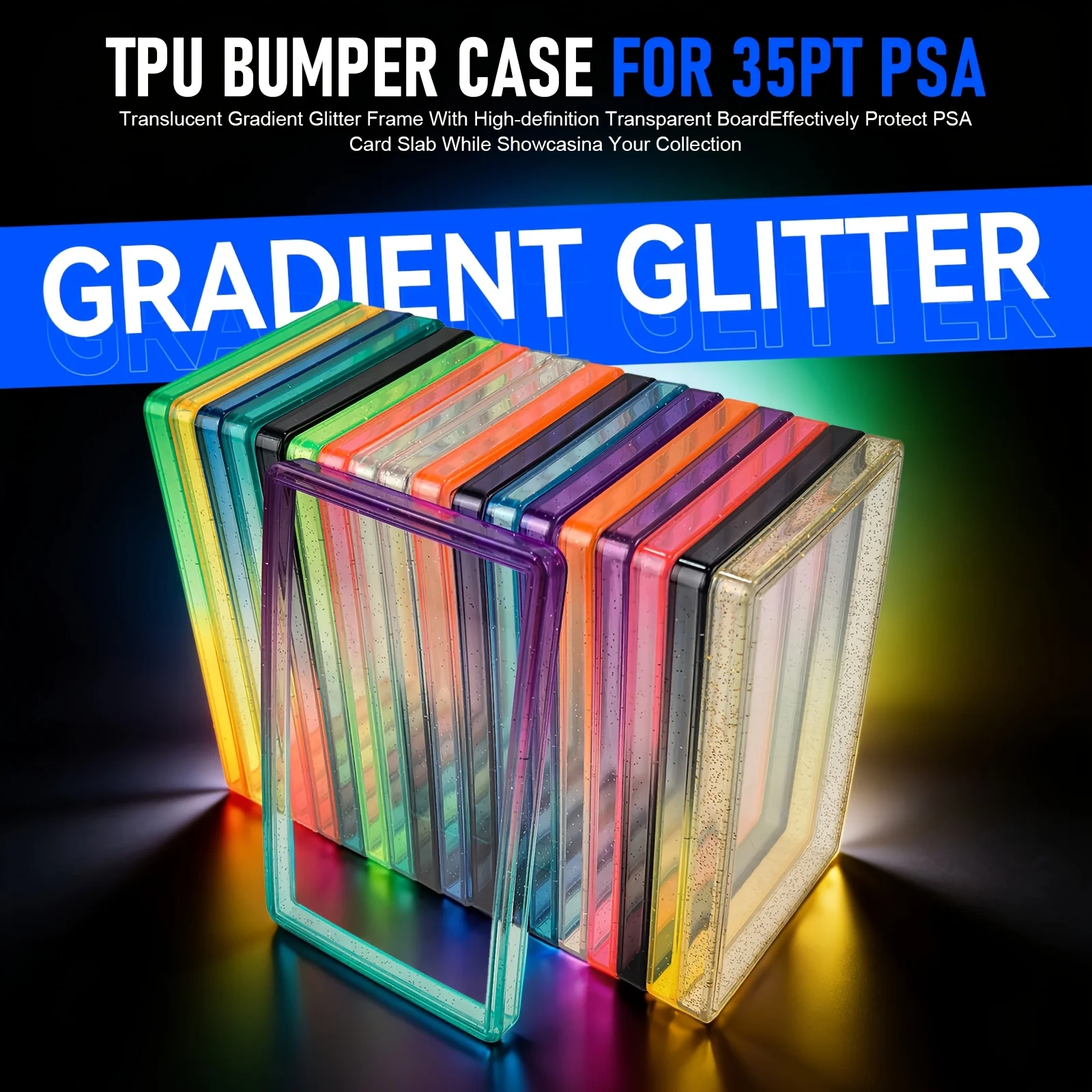 Funda protectora de TPU con purpurina y parte trasera transparente para tarjetas coleccionables PSA 35PT