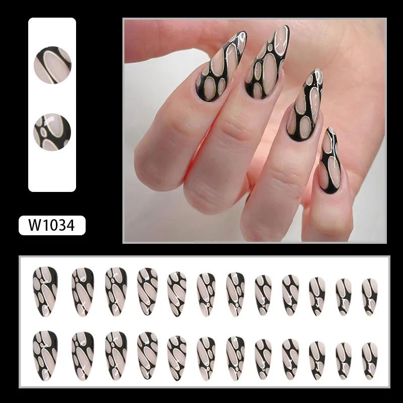 

24Pcs Long Almond Press on Nails - Black Bubble Texture with Gold Line Design | Edgy Fashion Style False Nail For Women Girl