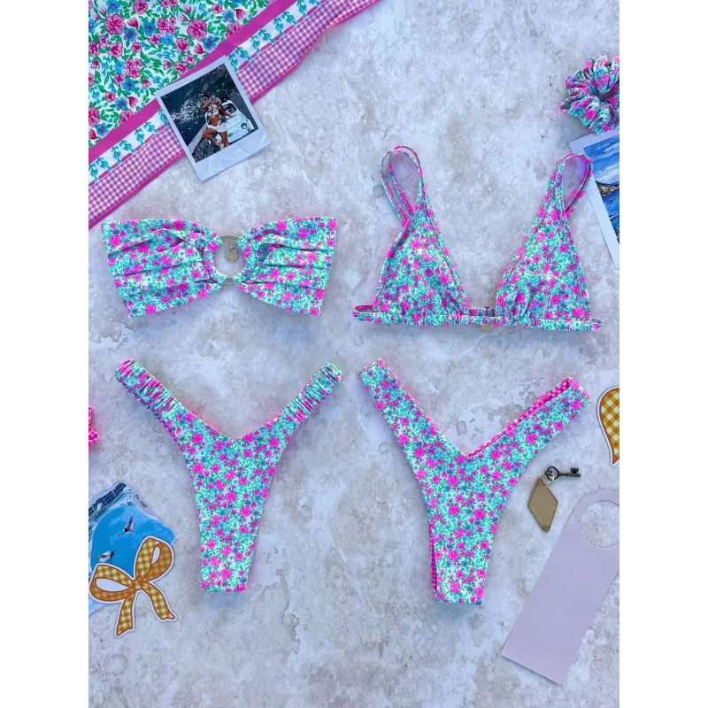 

Новый комплект бикини с круглым кольцом и цветочным принтом без бретелек, рюшами и регулируемым ремешком, состоящий из двух частей, треугольный комплект бикини, летний песок