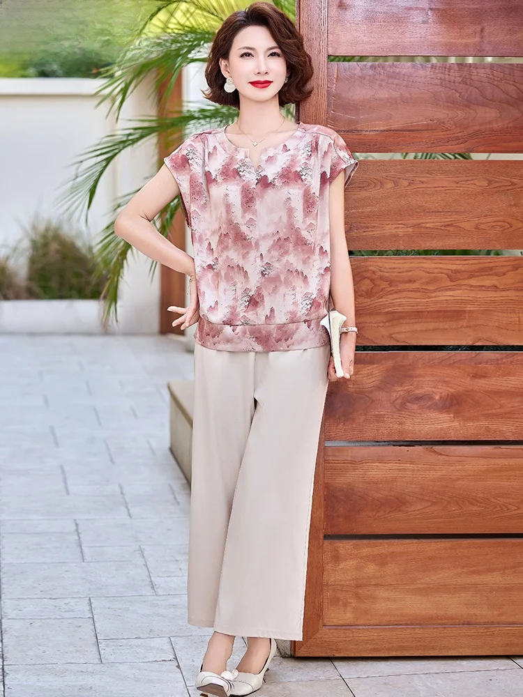 

Летний комплект одежды Ele для молодых мам: шифоновая футболка с коротким рукавом и миди-юбка, модный свободный крой, полиэстер