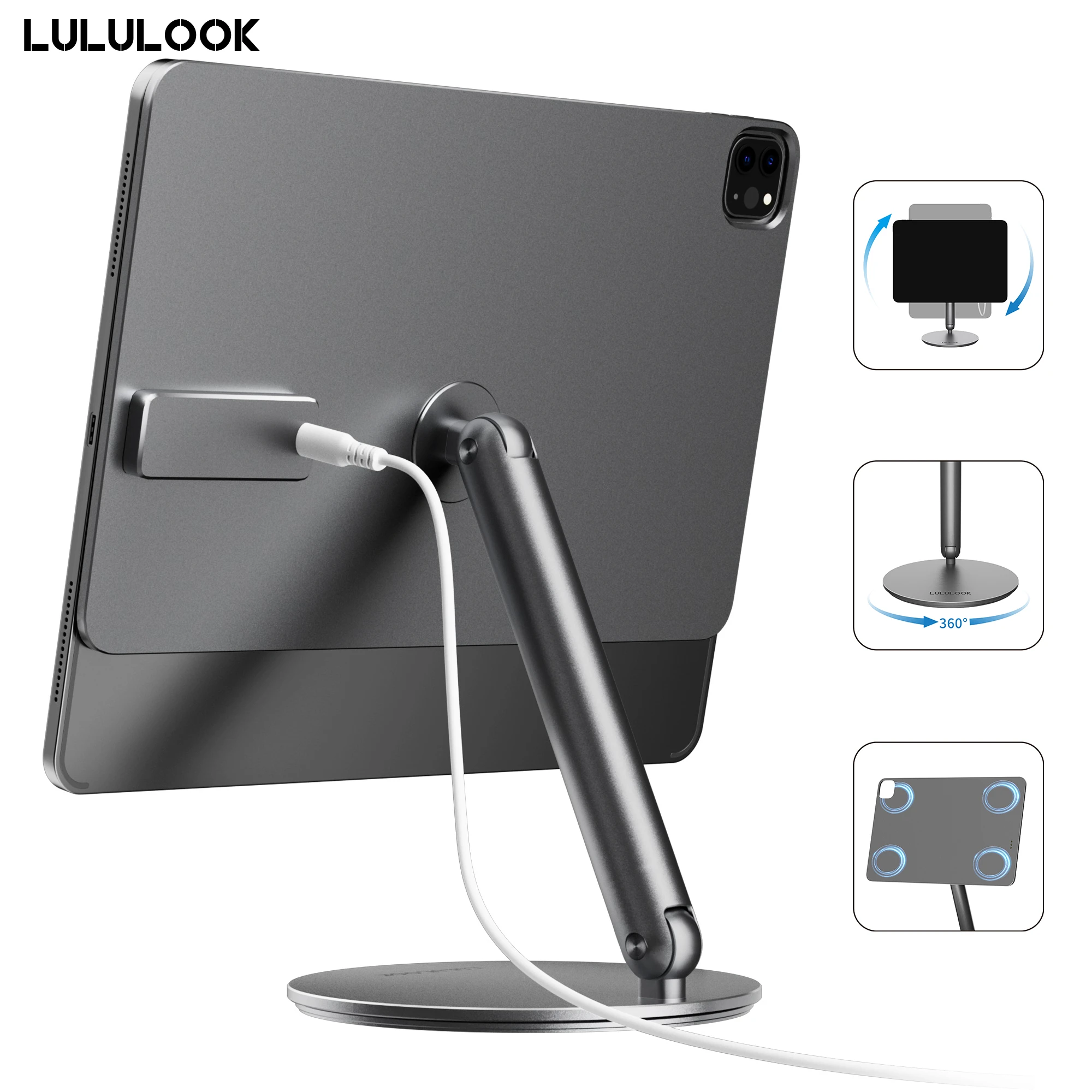 LULULOOK Foldable Magnetic Wireless Charging Stand For iPad Pro M4 13/11/12.9 iPad Air M2 13/11/iPad Air 5/4th 360 Rotating Hold