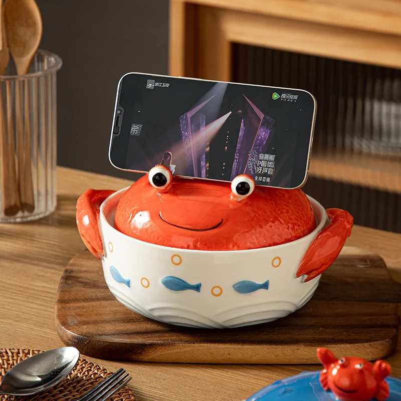 Creative Ocean Tableware Crab Globefish Shape Ceramic Ramen Bowls Phone Holder Two Handles Soup Bowls