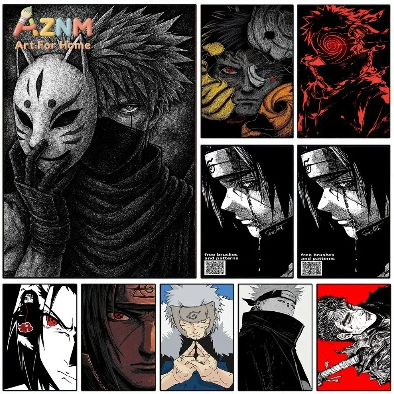 Naruto Canvas Wall Art Anbu Mask Kakashi Portrait Manga Print Black White Sketch Style For Teen Boys Bedroom Gaming RoomUnframed