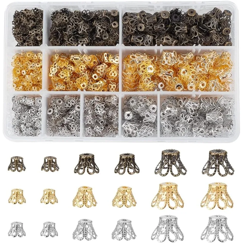 

840 pcs 3 Sizes 3 Colors Flower Shape Iron Flower Petal Bead Caps Spacers for Earring Bracelet Necklace DIY Jewelry Making Gold