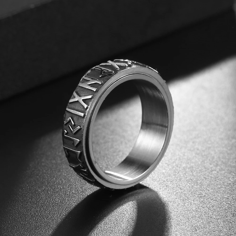 1Pcs Cross-Border Six-Word Mantra Stainless Steel Rotatable Ring Vintage Personalized Men's Index Finger Ring Jewelry