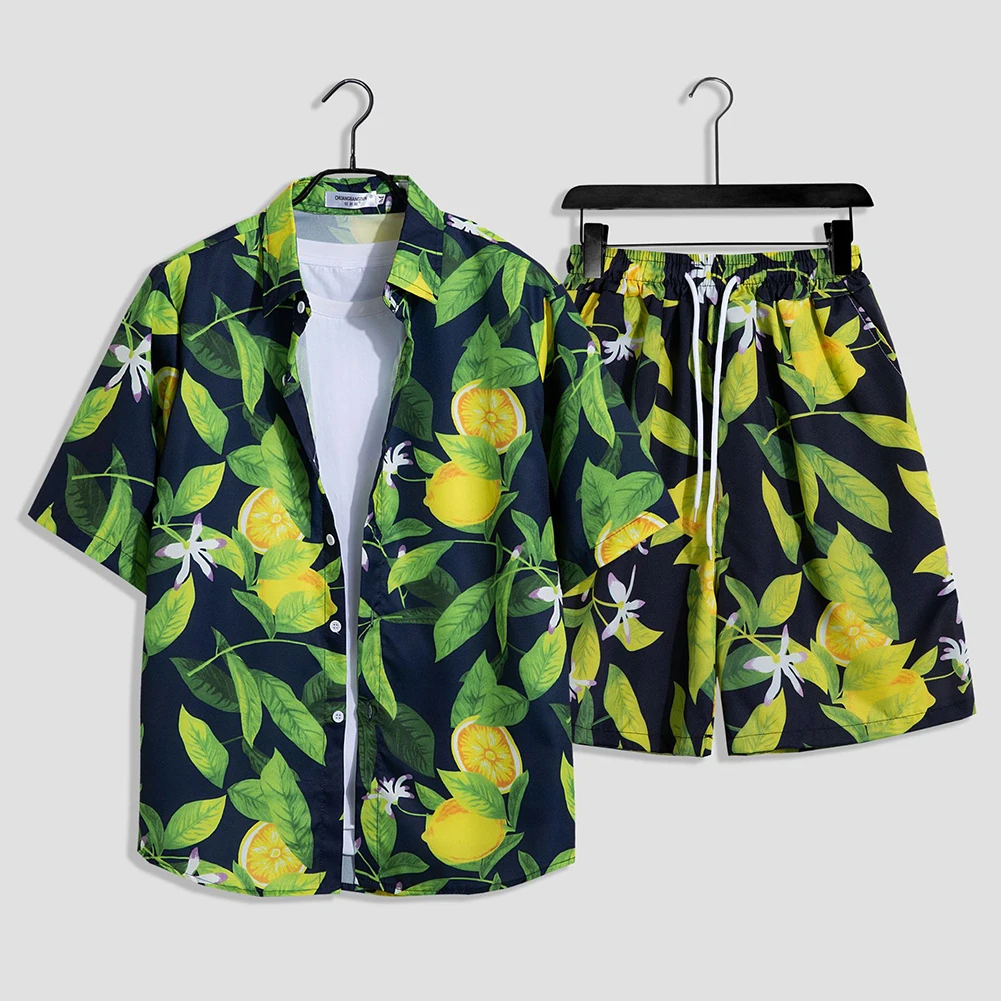 Conjunto de playa Hawaiana de 2 piezas, traje de verano de uso diario, estampado Floral, cuello de solapa