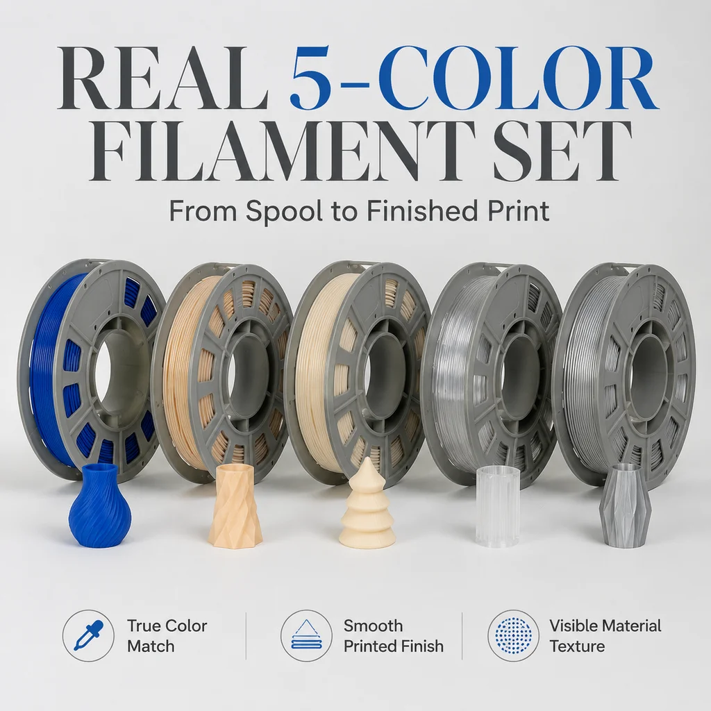 PETG 3D Printer Filament Solid Colors 5 Pack 1.75mm 300g X 5 Spools Assorted Multi-Color FDM 3D Printing Material