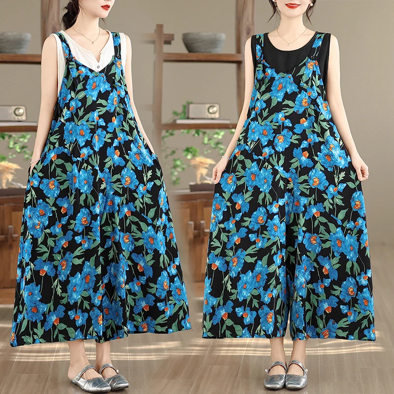 

Женский летний комбинезон с V-образным вырезом, свободный, повседневный, винтажный, с эффектом похудения, с широкими штанинами, из шифона, с цветочным принтом, прямой крой, натуральный стиль