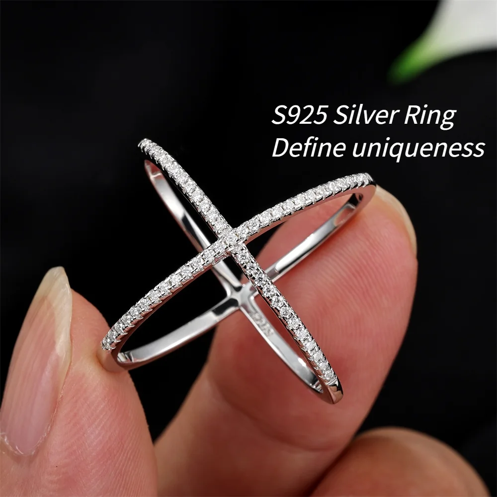 JellyStory Cross Light Luxury Ring S925 Silver Full Inlaid Moissanite High-End Fashion Statement for Daily and Street Style