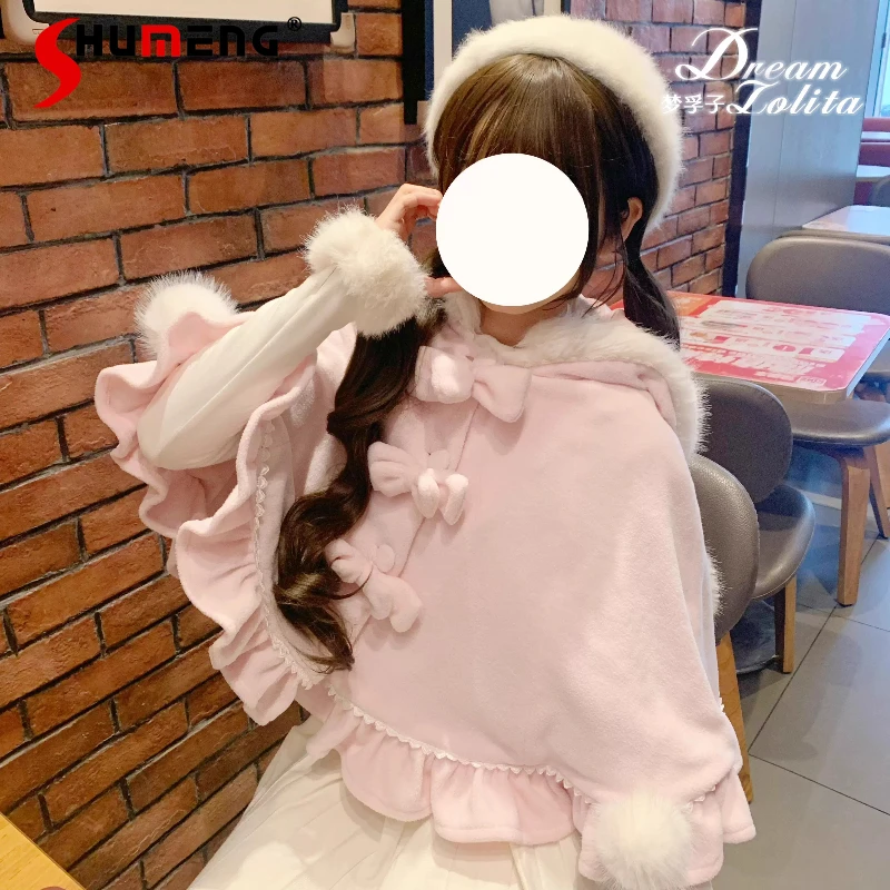 

Japanese Sweet Lolita Pink Hooded Cloak Ponchos Autumn Winter New 2025 Soft Girls Cute Bow Rabbit Ears Short Jacket Y2k Capes