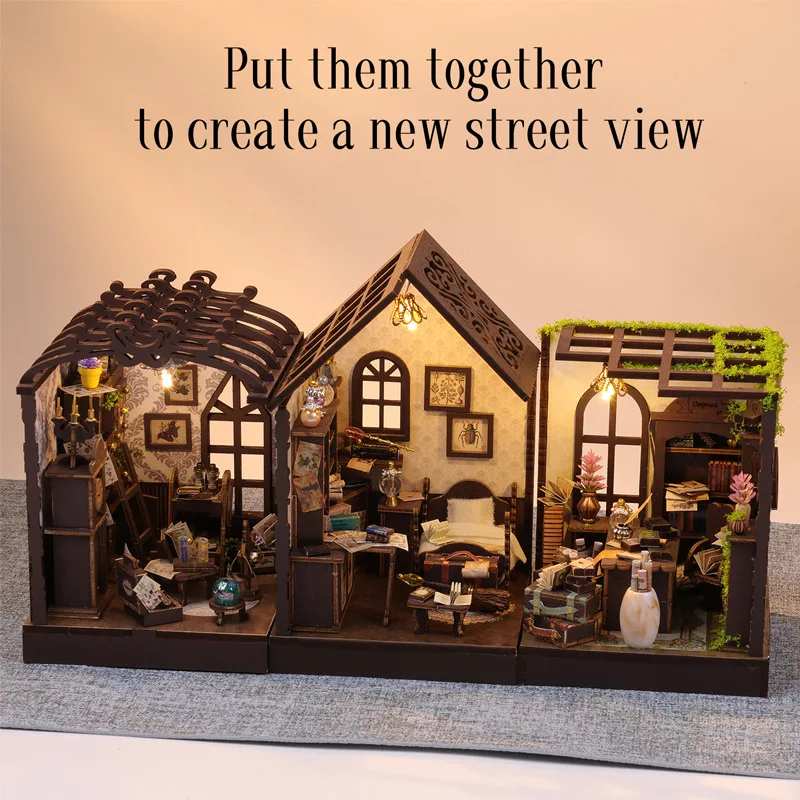 DIY Wooden Mini Casa Potion Lab Enchanted Book Cottage Miniature Model Kits With Furniture Dollhouse for Friends Birthday Gifts