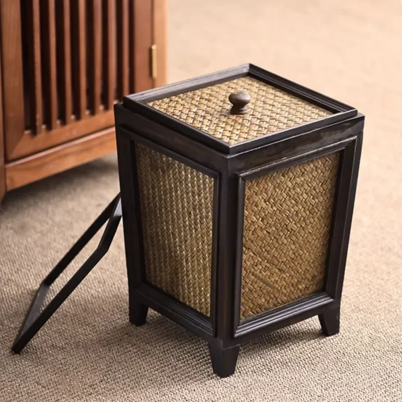 

Retro Wood Paper Basket With Cover Living Room Teahouse Trash Can Ancient Bamboo Weaving Garbage Bin Cleaning Tool