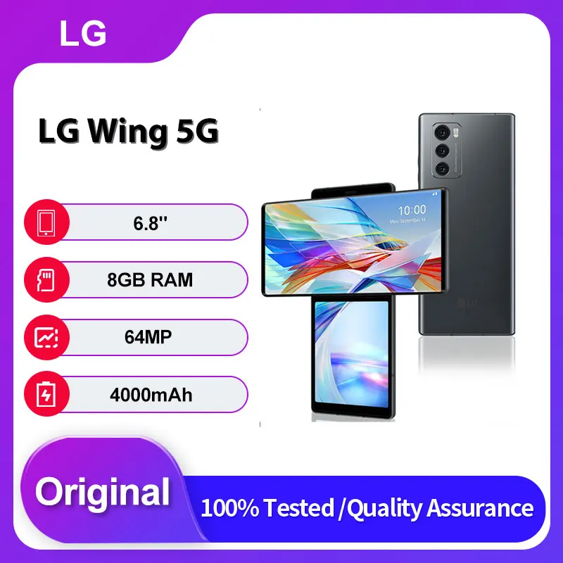 LG Wing 5G F100N/F100VM/F100TM Original Desbloqueado, Huella Dactilar, 128GB/256GB, 8GB RAM 	 Teléfono móvil Android 10 de 6.8 pulgadas
