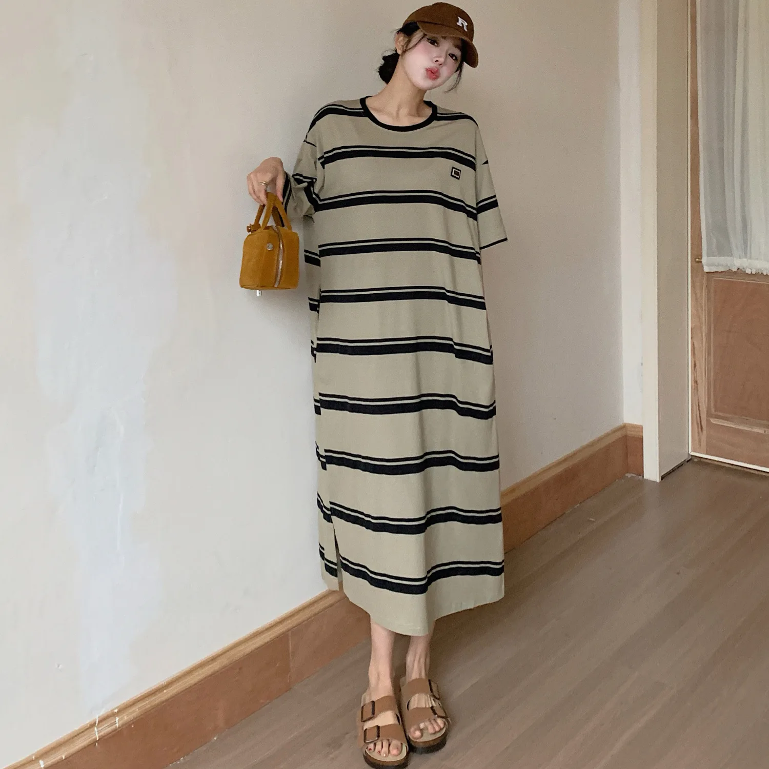 Plus Size Koreaanse Stijl Gestreept T-shirt Zomer Ronde Hals Losse Lange Jurk Gewaad met Korte Mouwen voor Vrouwen Jurk Vestidos