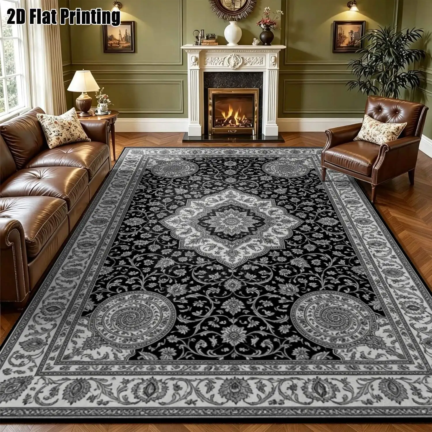 1Pc 2D Printed Carpet with Black & Gray Retro Patterns: European-Style, Geometric Retro Floor Mat, Home Decor, Multiple Sizes, Machine Washable, Ideal for Entrance, Dining, Foyer, Bedroom, Living Room