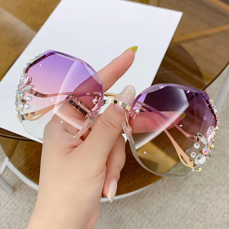 Women\'s New Diamond-encrusted Sunglasses Rimless Cut Edge Sunglasses Big Face Slimming Sunglasses