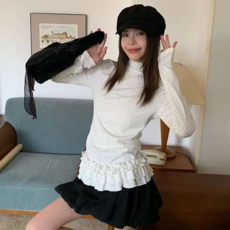 

Женская хлопковая футболка в корейском стиле с воротником-стойкой, в горошек, с рюшами, длинным рукавом, приталенная, ранняя весна 2026