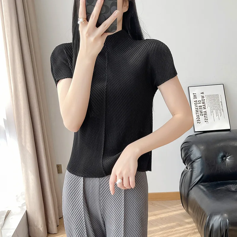 

miyake Stand Collar Dragon Scale Pleated T-shirt High-end Versatile Slimming Short Sleeved Women's Summer Pullover Tops