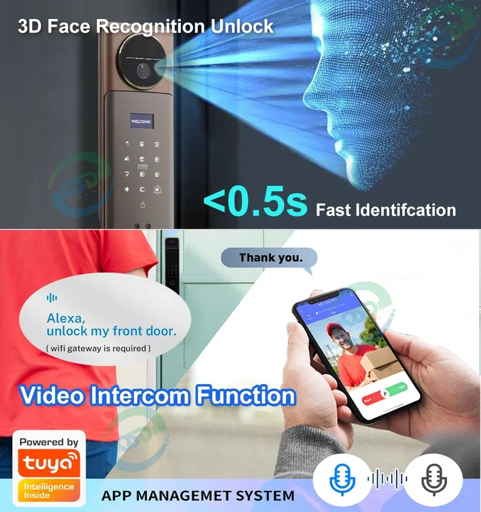 Várias maneiras de desbloqueio fechadura da porta inteligente reconhecimento facial vídeo porteiro palma veia tuya wifi câmera embutida fechadura da porta