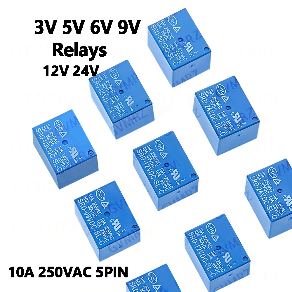 10Pcs Relays 10A 250VAC 5PIN SRD-12VDC-SL-C SRD-03VDC-SL-C SRD-05VDC-SL-C SRD-06VDC-SL-C SRD-09VDC-SL-C 3V 5V 6V 9V 12V 24V 48V 