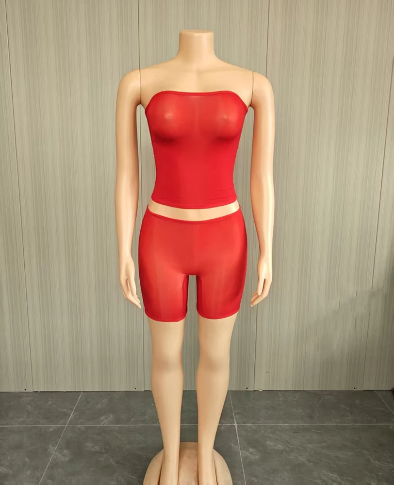 2026 Damen Boutique Trendige Mode 2-teilige Sets Heiße Sexy Trägerlose Mesh Crop Tops Mini Shorts Set Mitternachts-Party Club Outfits – Detail 10