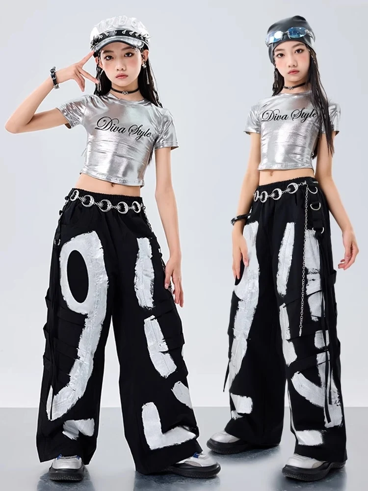 2025 Kpop Girls Jazz Dance Costume Silver Crop Tops Black Pants